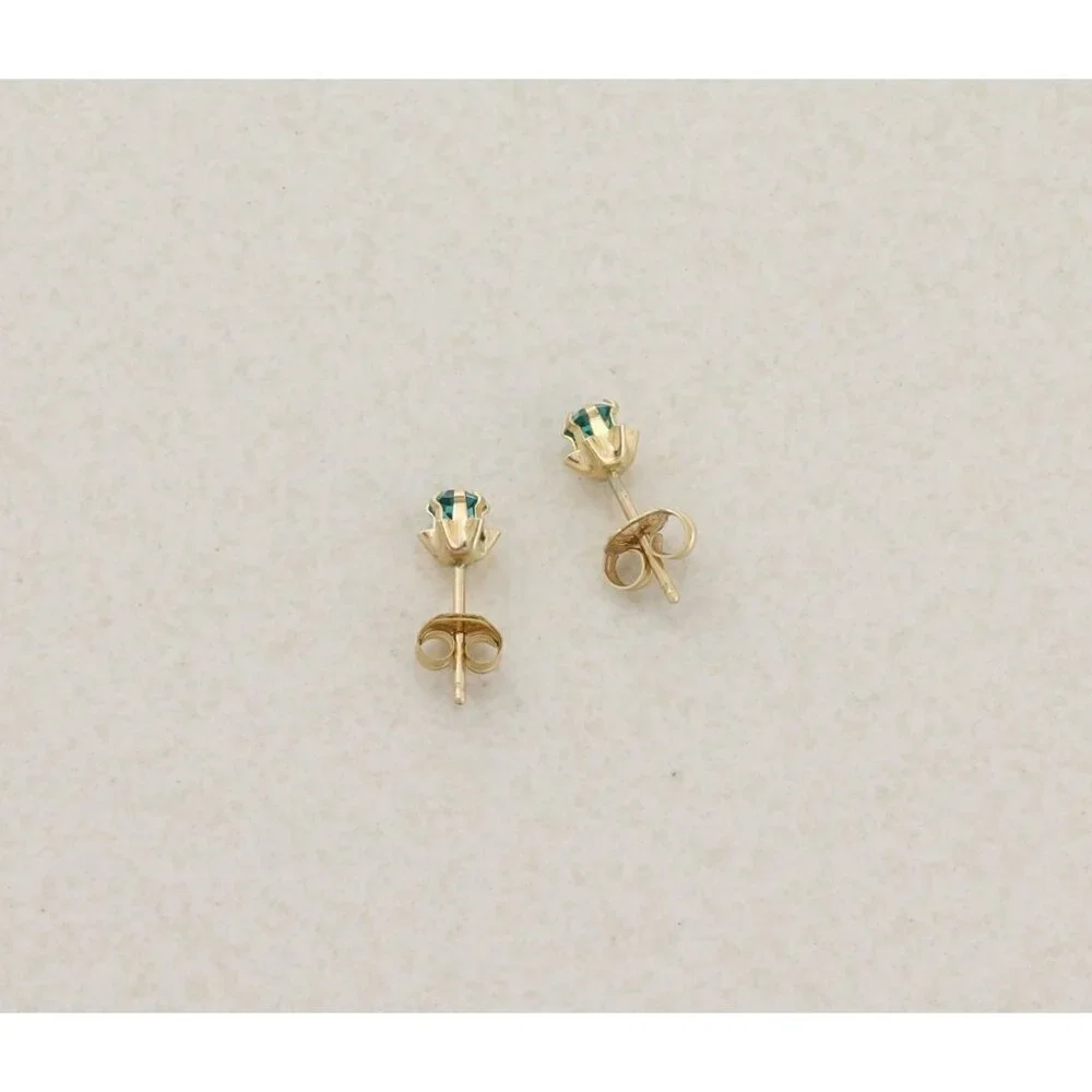 14k Yellow Gold Green Blue Teal CZ Earrings Stud Post 3/16" Flower Buttercup - Picture 6 of 9